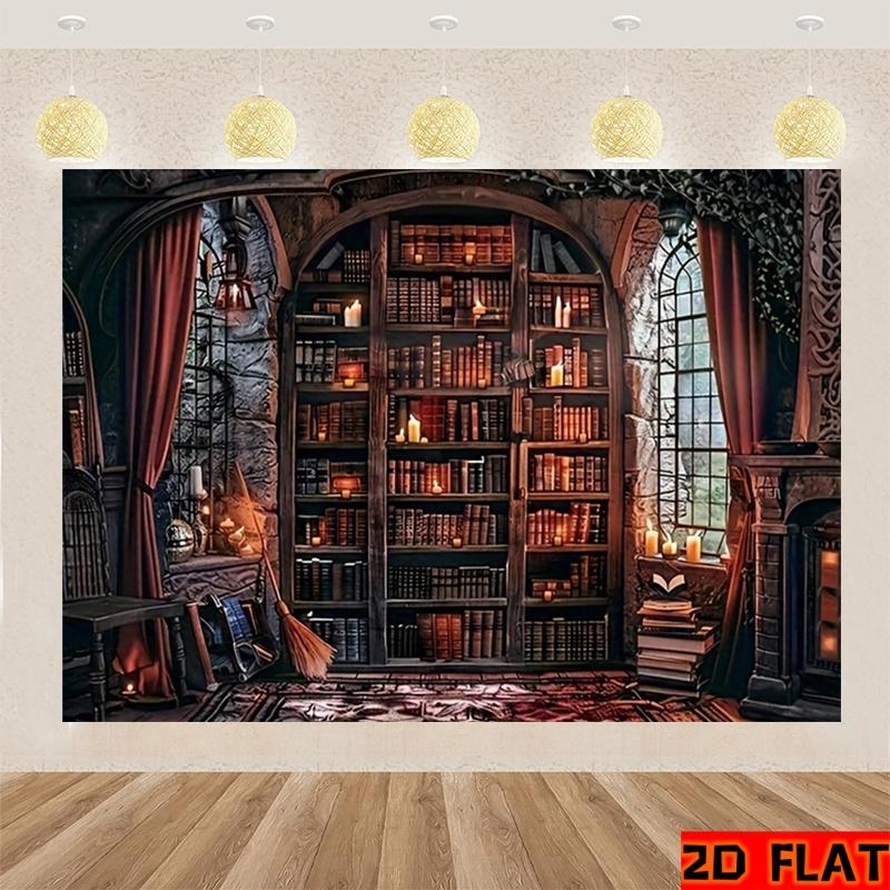 2D Flat Banner, 1 Piece of Polyester Background Fabric, Mysterious Retro Library Background, Halloween Witchcraft Theme