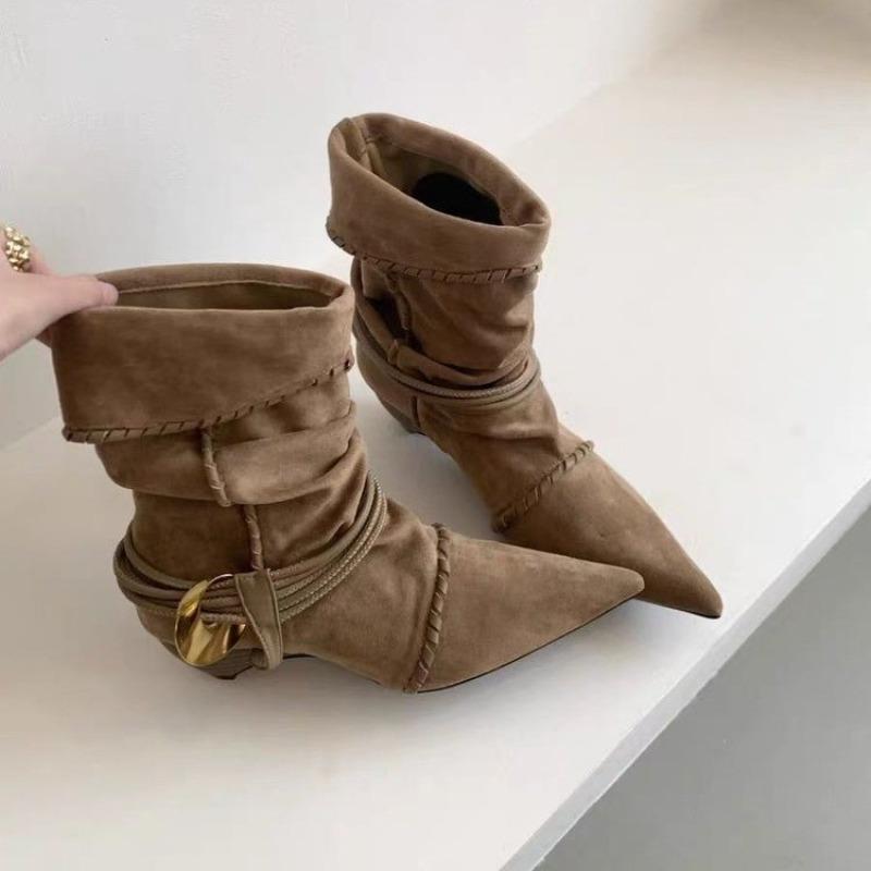 Módní nový styl dámské kotníkové boty podzim semišová kůže plisované dámské špičaté westernové kovbojské boty módní krátké luxusní boty