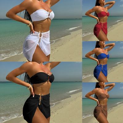 European and American Sexy Solid Color Tube Top Bikini Three-piece Mesh Swimsuit