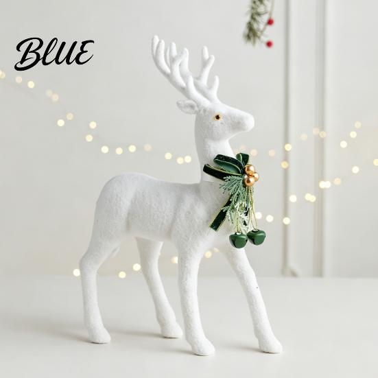 Durable Christmas Party Supplies White Flocked Elk Ornament Ribbon Bell Decor 3D Standing Deer Small Festive Displays for Shops Figurine Decorative