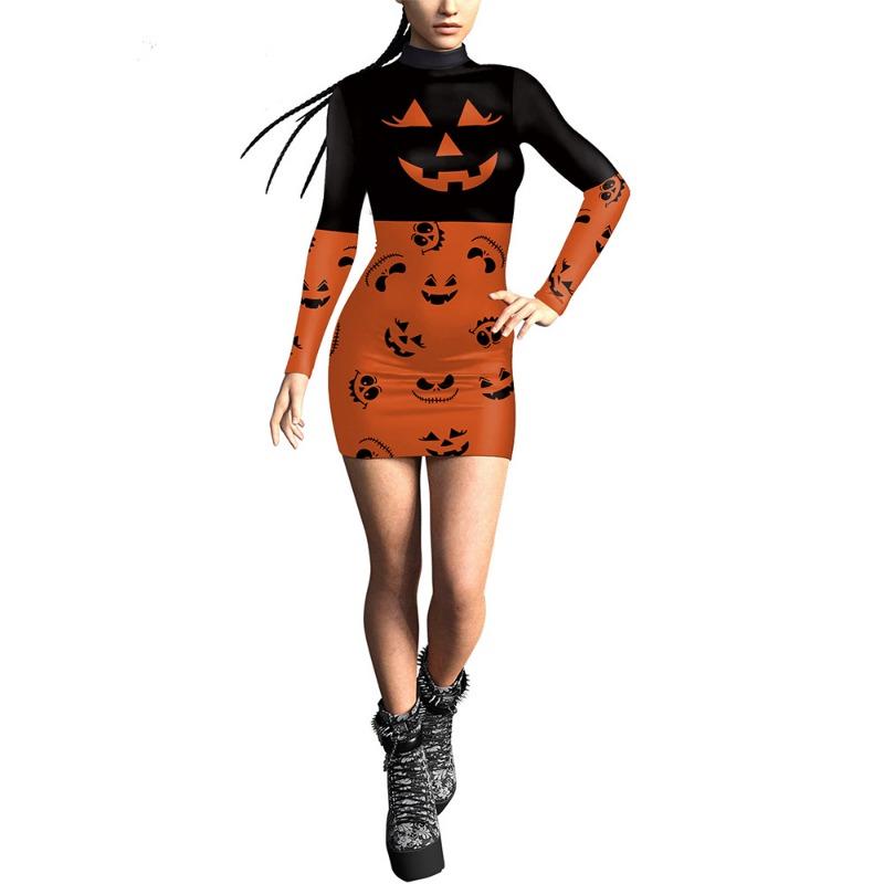 Halloween Costume Women's Dress Digital Printing Pumpkin Slim-Fit Long Sleeve Sexy Tight Hip Wrap Dress