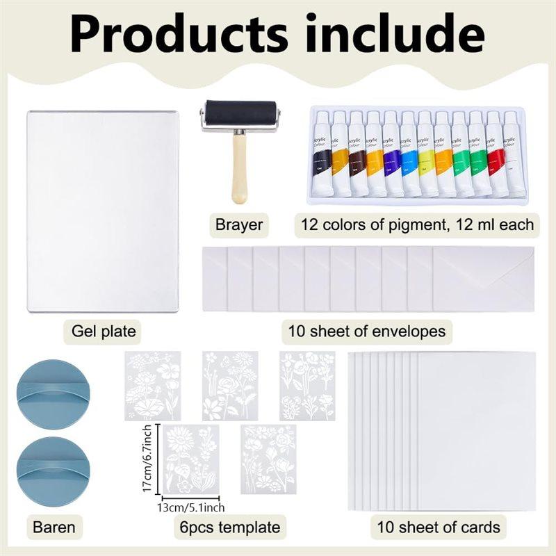 2025 Trend Reusable Gelatin Print Plate 12.7X17.8 Cm/5X7 Inch Gel Printing Kit Stencils, Acrylic Paint, Essential Tools For Adul
