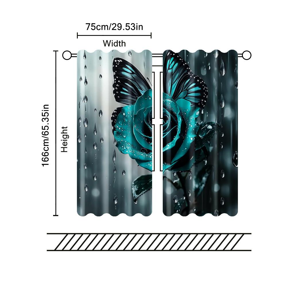 2 Stück, Filtervorhänge (ausgenommen Stangen, unbeweglich, ohne Batterien) Eine türkisfarbene Rose und ein Schmetterling zur Verwendung in Schlafzimmern