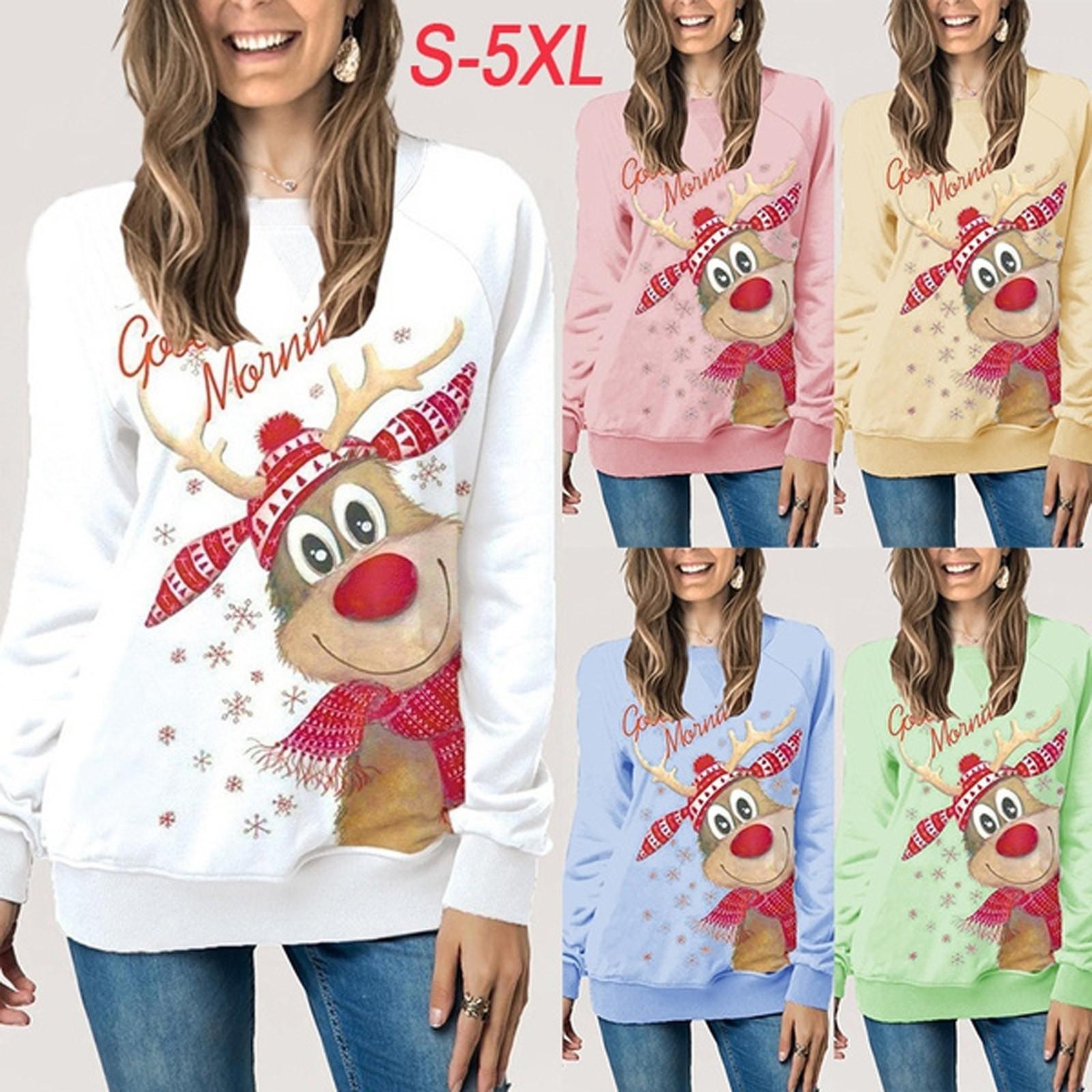 

Women Sweatshirt Long Sleeve Christmas Print Round Neck Sweat Shirt Blouse