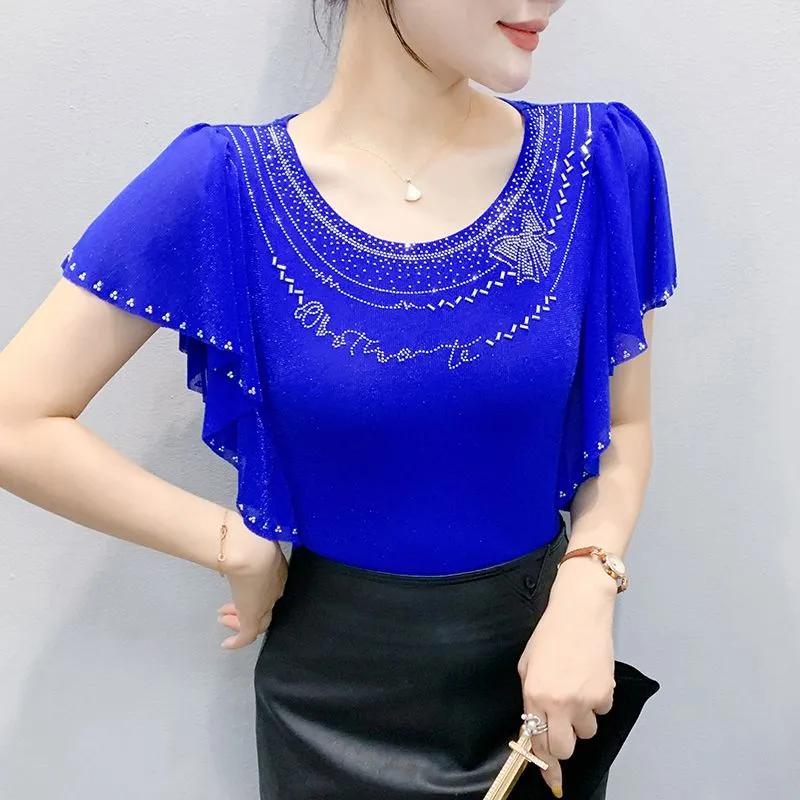 Summer New Design Fashion Unique Necklace Flower Shaped Hot Diamond Round Neck Mesh Versatile All Match Women's Elegant Top