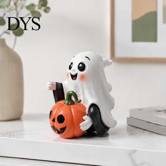 Soft Aesthetic Ghost Sculptures Halloween Decoration, Holding Pumpkin Resin Figurine with Witch Cute Home Party Accents Hat, Spooky Tabletop Decor for