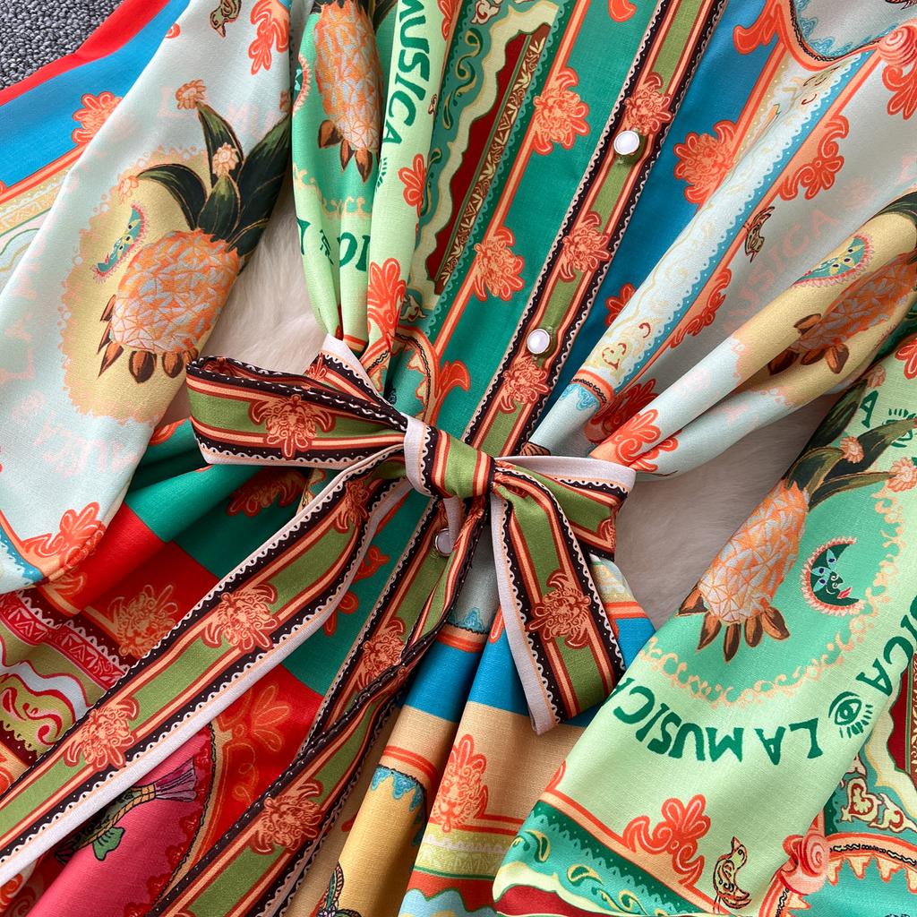 Frühling Sommer Damen Marke Designer Vintage Print Laufstegkleid Umlegekragen Lang Maxi Hemd Partykleider