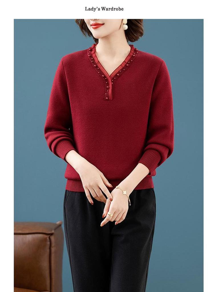 Mom's Velvet-Enhanced Winter Sweater: Warm, Stylish Base Layer for Middle-Aged & Elderly Women