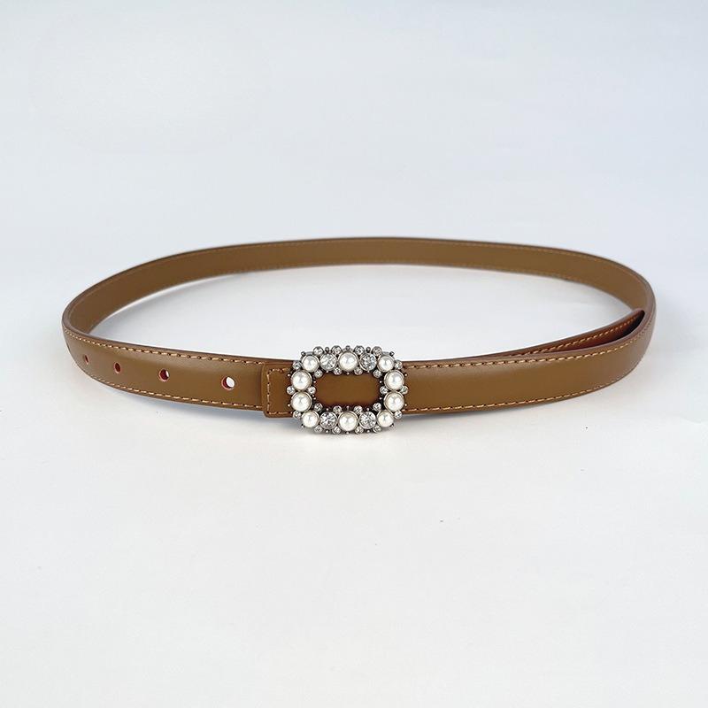 Slim Genuine Leather Women's Belt Decorative Casual Pants Jeans Inlaid with Pearl Rhinestones Sweet and Fashionable Women's Belt