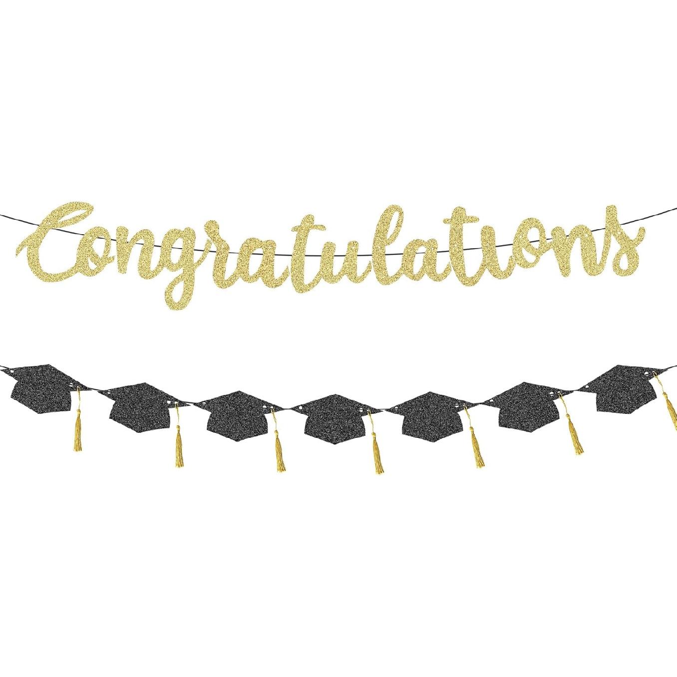 Graduation Banner-Gold Glitter Congratulation Banner -Class of 2025 Congratulations decorations,congrats grad banner for Party Supplies Graduation