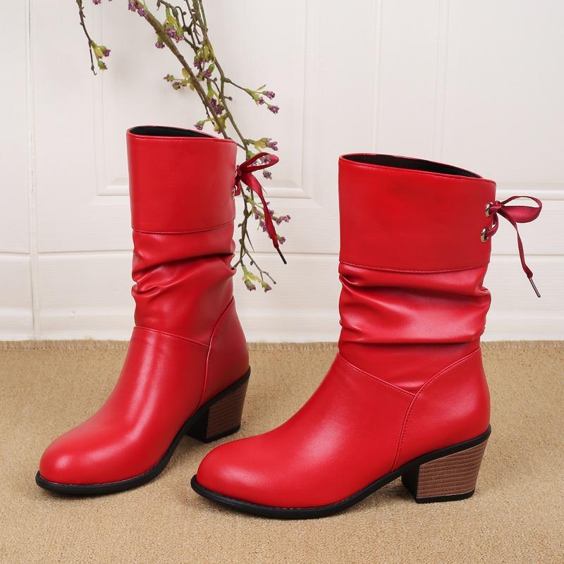 

New Fashion Boots Women s Autumn and Winter Wedge Heel Medium Tube Pointed Women s Martin Boots 43 красный