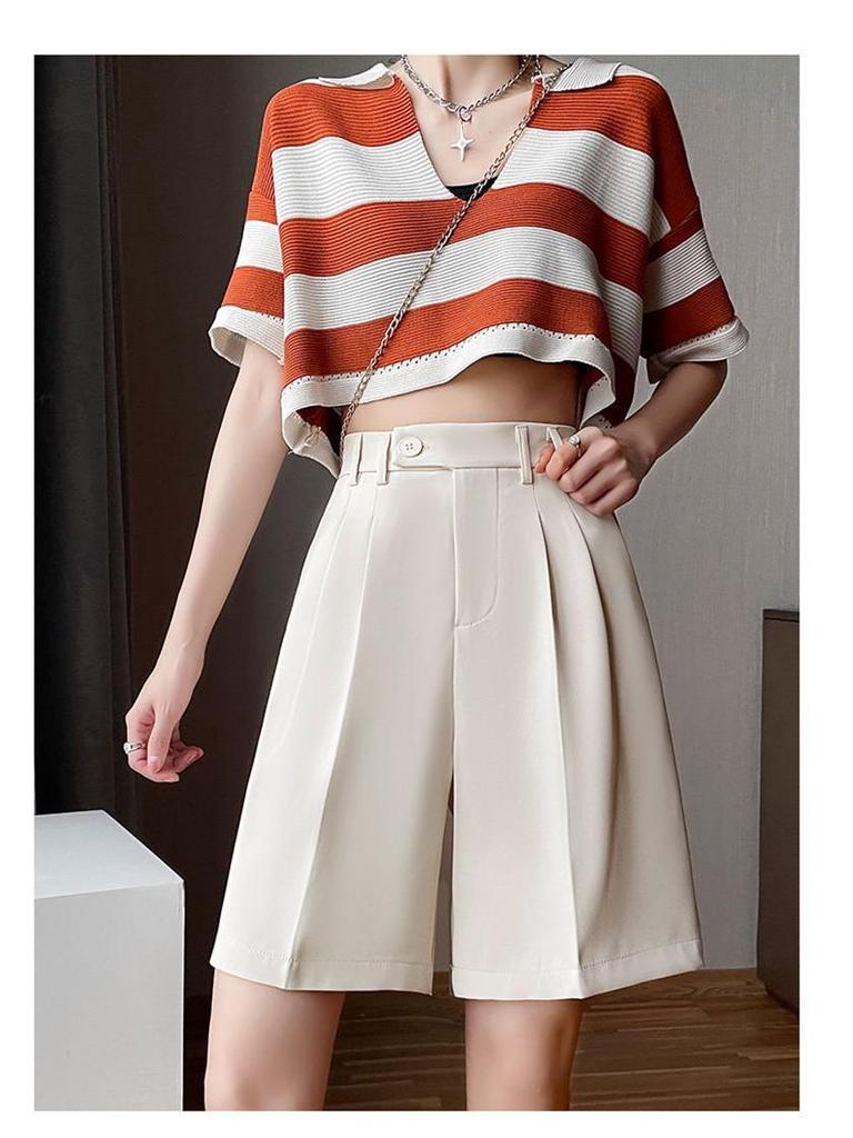 Women's High-Waist Black Bermuda Shorts: Summer, Loose, Straight-Leg, Slimming A-Line, Hong Kong Style.