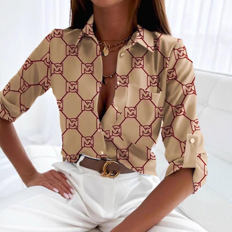 Womens Long Sleeve Printed Shirt Casual Office Blouse Top V-Neck Regular Fit