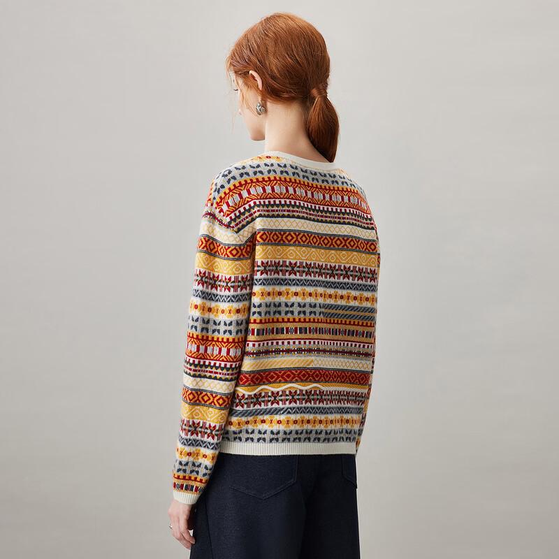 Kemonboka Women's Fair Isle 100% Cashmere Crewneck Sweater