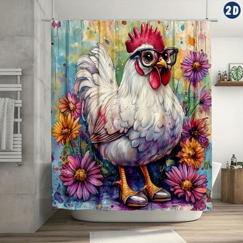 

Whimsical Chicken Wearing Glasses & Floral Design Shower Curtain, Durable Polyester, Ideal For Vintage Bathroom Decor W60H190(CM)-1 Pcs