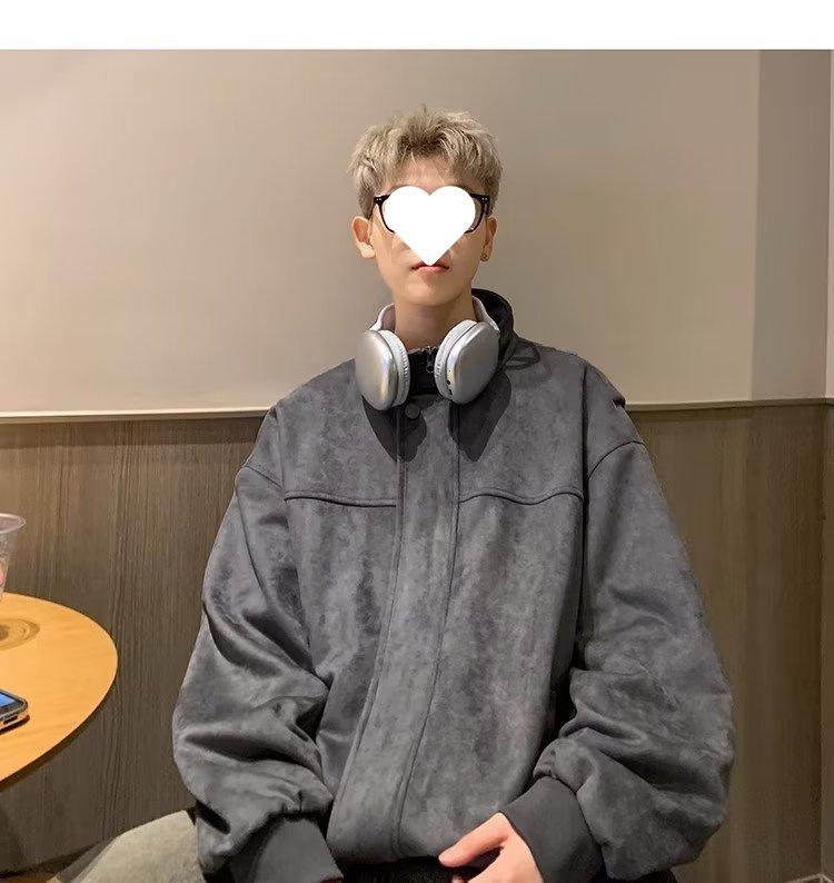 Men's Suede Plush Retro Stand Collar Jacket - Spring/Autumn 2025 Trendy Loose Fit