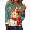 Women's Casual Christmas Print V-Neck T-Shirt with Decorative Buttons and 3/4 Sleeves