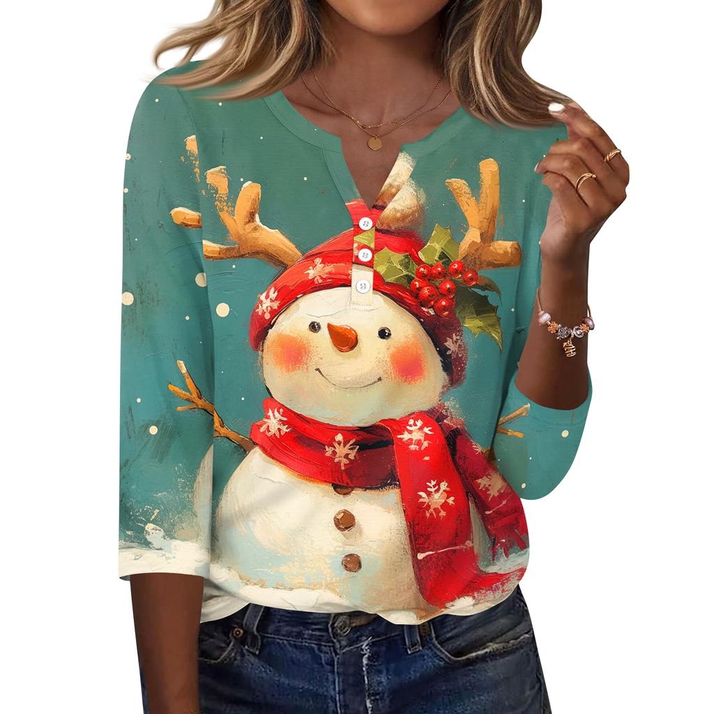 Women's Casual Christmas Print V-Neck T-Shirt with Decorative Buttons and 3/4 Sleeves