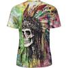 Watercolor Indian Headpiece Skeleton Paint T-Shirt Men's Boys Round Neck 3D Print Pattern Short Sleeve T-Shirt