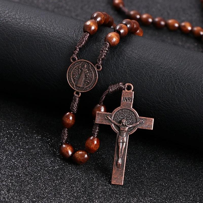 Christ Jesus Wooden Beads Rosary Cross Car Pendant Braided Rope Chain Necklace Religious Orthodox Prayer Jewelry