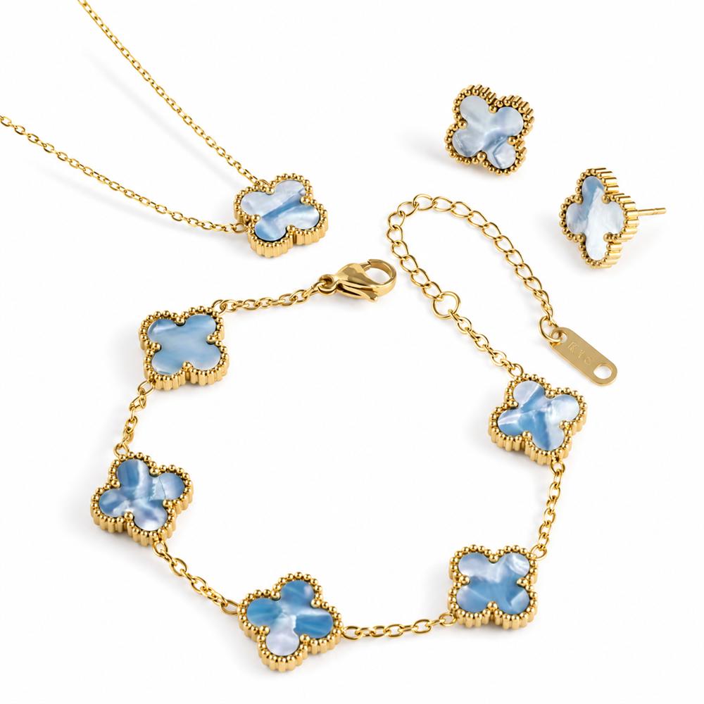 18K Gold-plated 13mm Four Leaf Clover Stainless Steel Jewelry Set Necklace Bracelet Earrings 3-Piece Set for Women Party Trendy