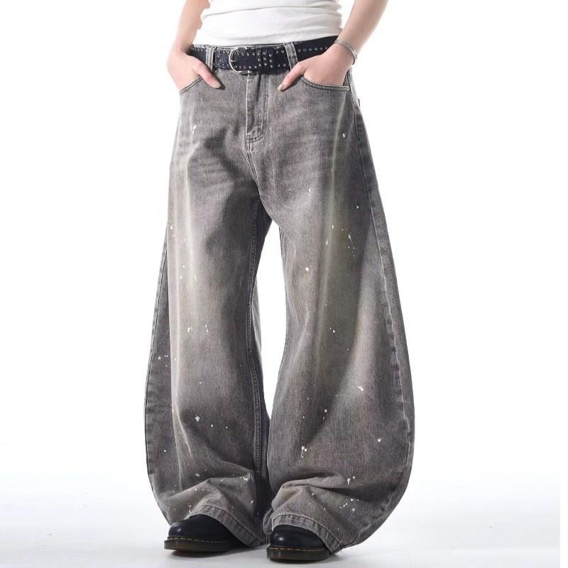 Vintage Washed Denim Wide-Leg Straight Jeans Men Women Gray Loose Fit Streetwear Casual Pants
