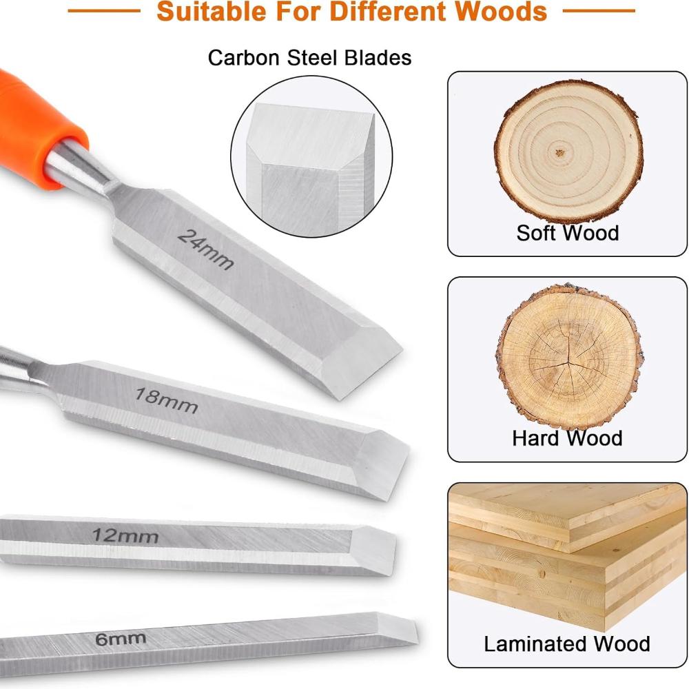 4 Piece Wood Chisel Set with Steel Hammer End Ergonomic Plastic Handle 6mm 12mm 18mm 24mm Woodworking Tools