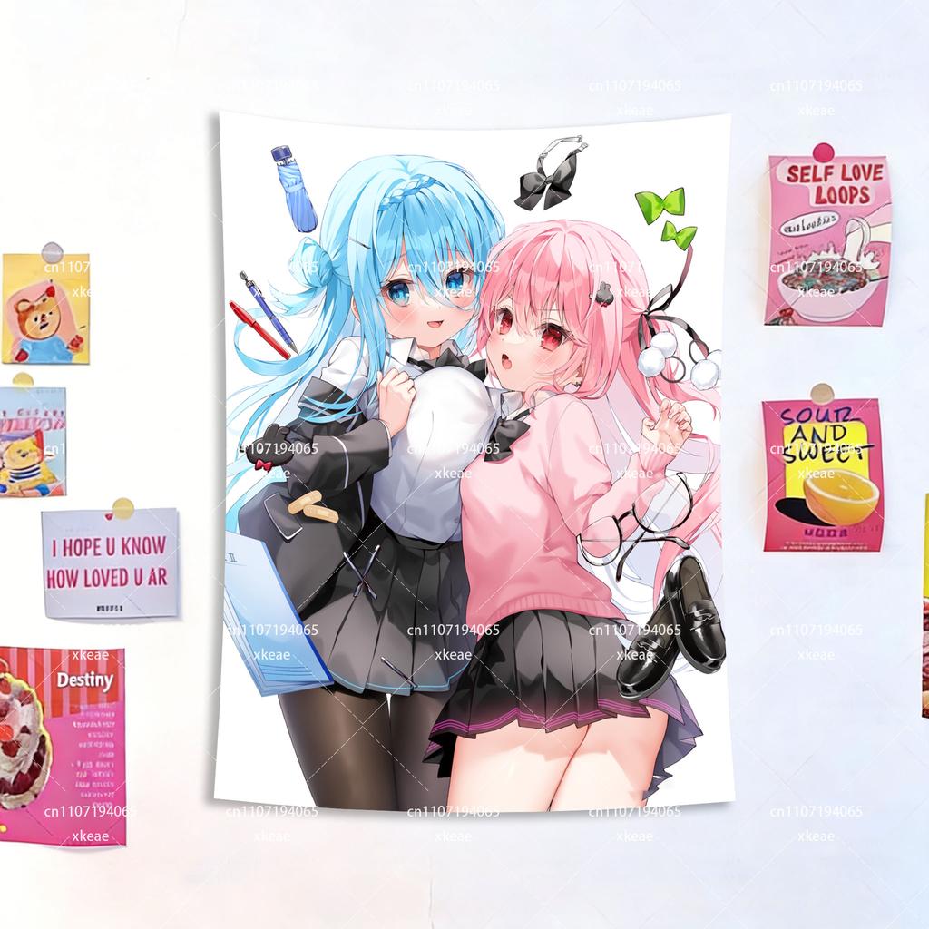 Anime Blue Pink Hair Girls Tapestry Cute JK Uniform Couple Wall Hanging HD Print Polyester Tapestry for Bedroom Dorm Living