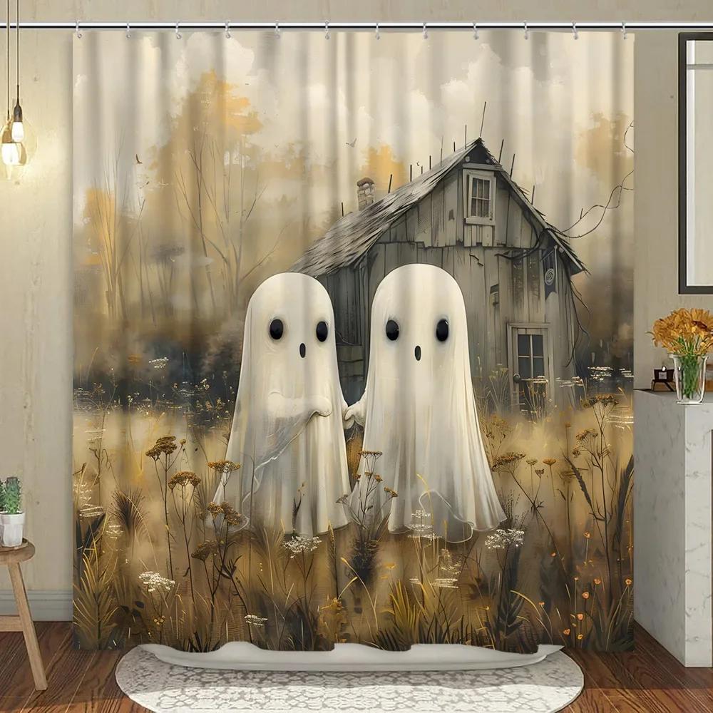 Cute Ghost Shower Curtain Cartoon Spooky Flower Plant Candle Watercolour Modern Home Polyester Fabric Bathroom Decor Curtain Set