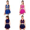 Set Uniformă Cheer pentru Copii Decolteu în V Fără Mânecă Crop Top cu Strassuri cu Pantaloni Scurți Atașați și Fustă Asimetrică cu Volane pentru Performanță în Ziua Meciului