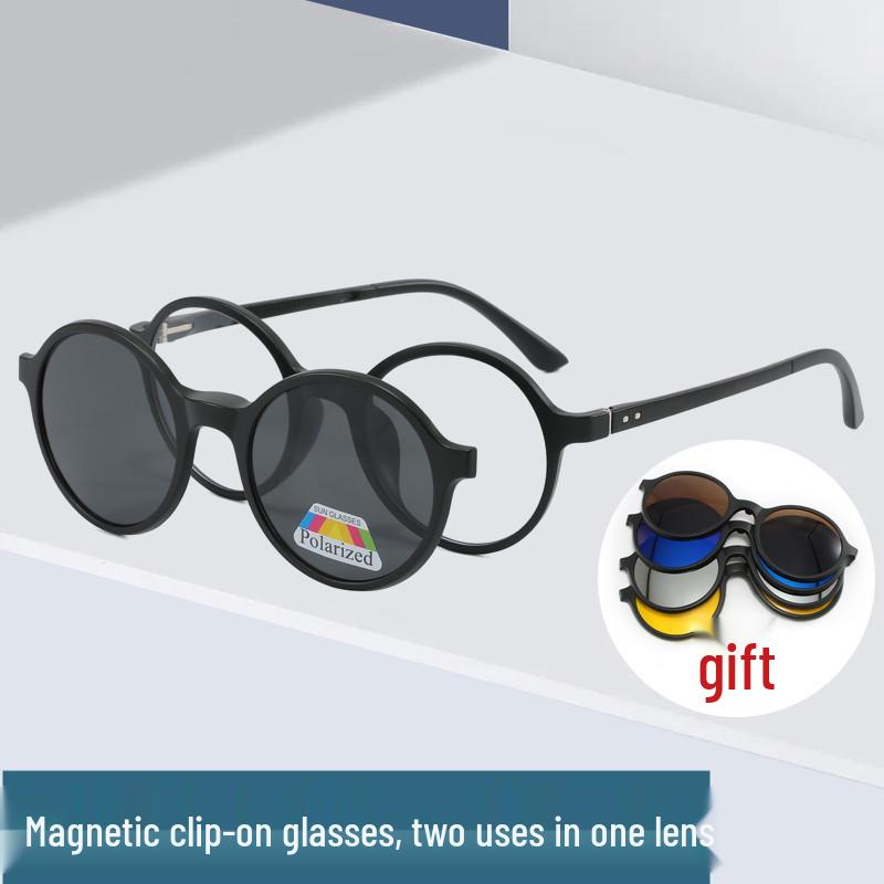 New Retro TR90 Polarized Clip-on Glasses Set: Magnetic Round Frames with Prescription and Sunglass Lenses. 2280 Magnetic Clip-On Glasses [PC]