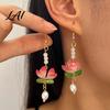 Elegant Floral Earrings 1 Pair Lotus Flower for Women Vintage 3D Pink Nature Inspired Accessories Dangle Drop Earring Faux Crystal Jewelry