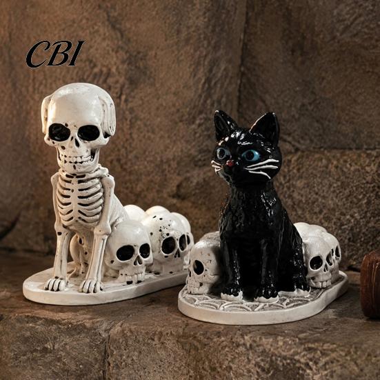 Collectible Resin Pet Sculpture Halloween Dog/Cat Skull Figurine, Gothic Animal Statue Skeleton Cat Dog Ornaments for Desk Fireplace, Spooky