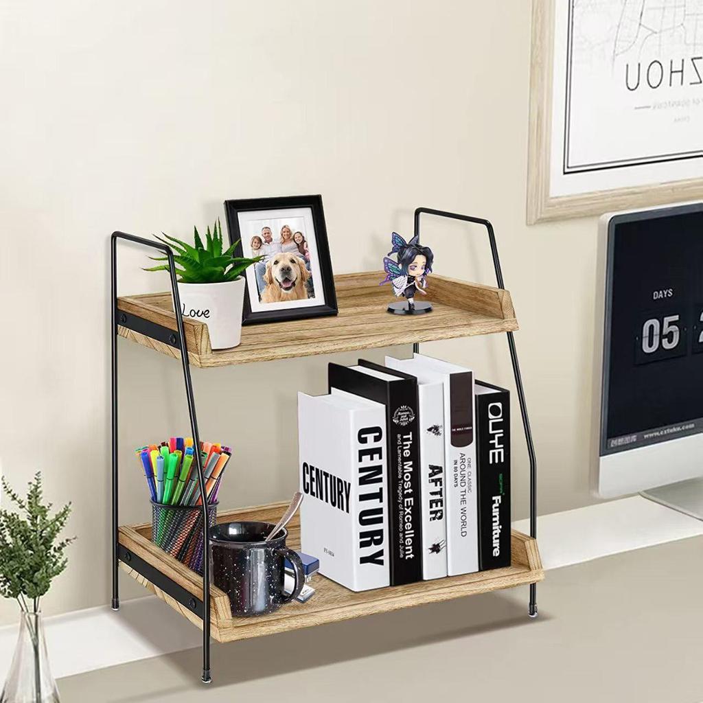 Wood and Iron Double-Layer Desktop Organizer and Spice Rack