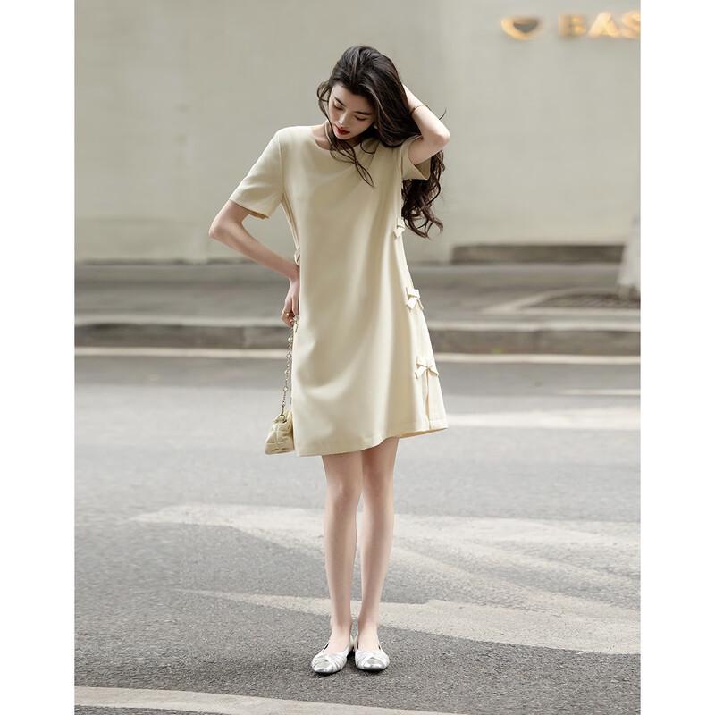 Demana Summer Elegant Handmade Bow Short Sleeve Shift Midi Dress