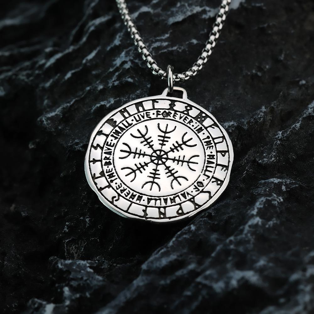 Vintage Solid Stainless Steel Compass Rune Pendant Necklace For Men