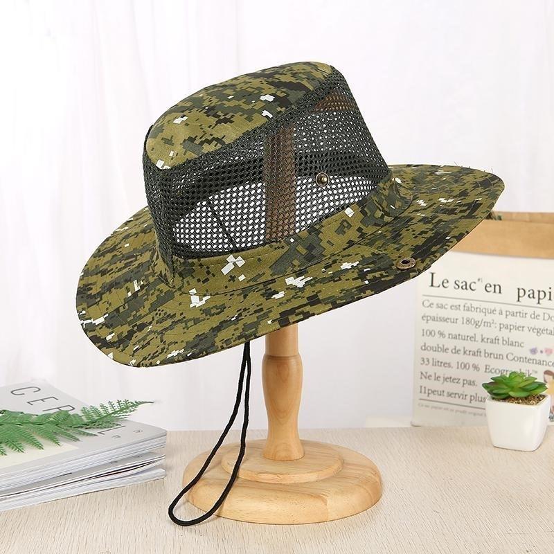 Men's Camo Mesh Sun Hat Wide Brim Breathable Bucket Hat UV Protection Outdoor Fishing Cap