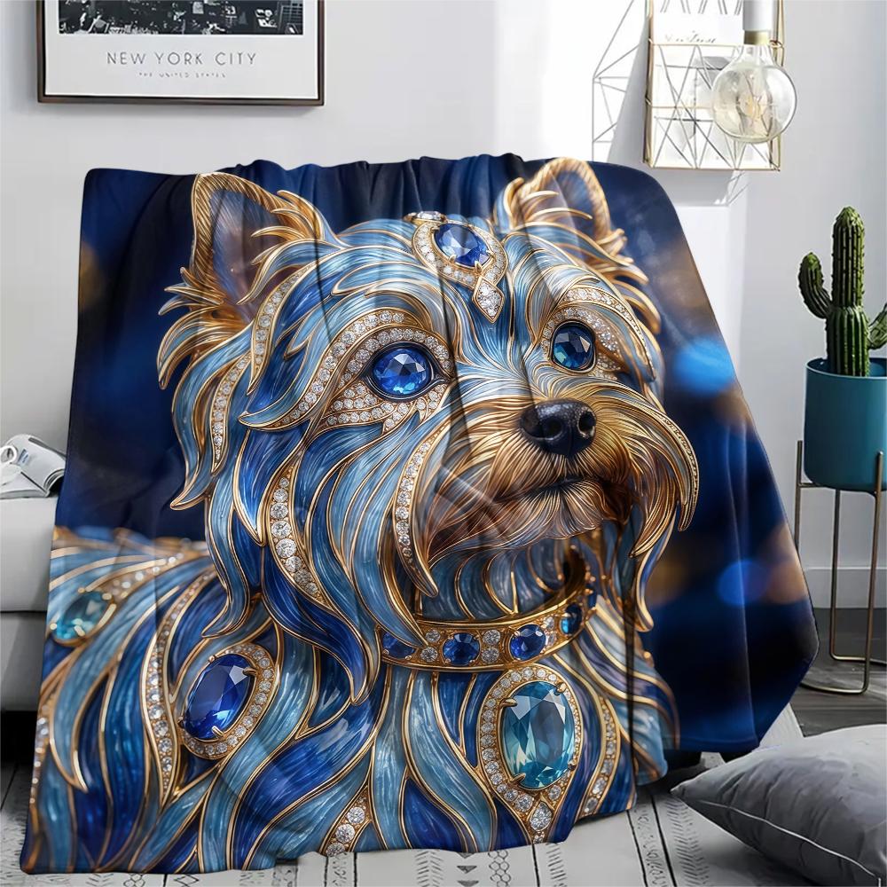 Blue Gemstone Puppy Kitten Print Flannel Blanket,High Quality Comfortable for All Seasons,Home Decor,Warmth and Comfort,Perfect for Christmas Gifts