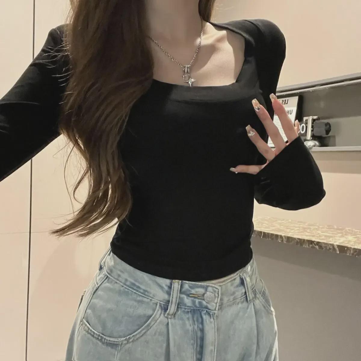 

Однотонная футболка с длинным рукавом и U-образным вырезом: Женский топ в корейском стиле на осень 2024 года XXL (65-75 kg) чёрный