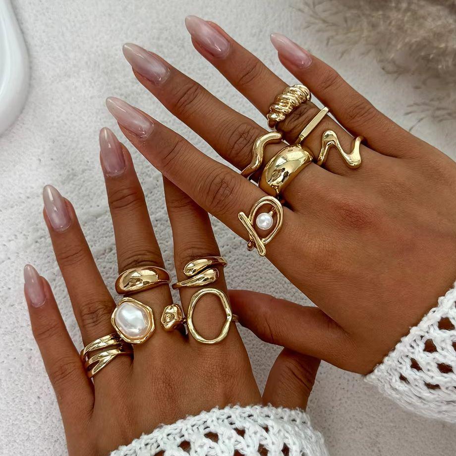 Ingemark 11Pcs/Set Vintage Imitation Pearl Rings for Women 2026 New Trendy Irregular Metal Knuckle Rings Set Couple Jewelry Gift