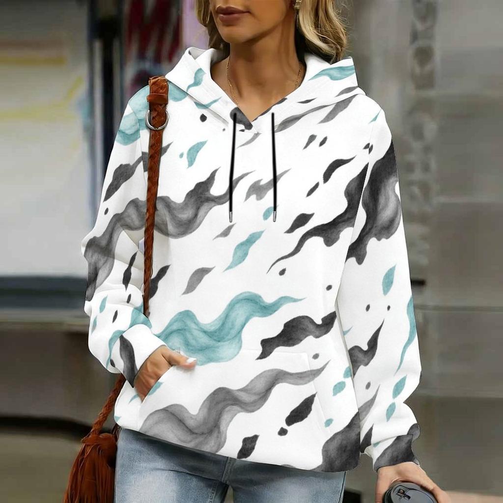 Women Plus Size Abstract Printed Long Sleeve Drawstring Hood Kangaroo Pocket Pullover Hoodie