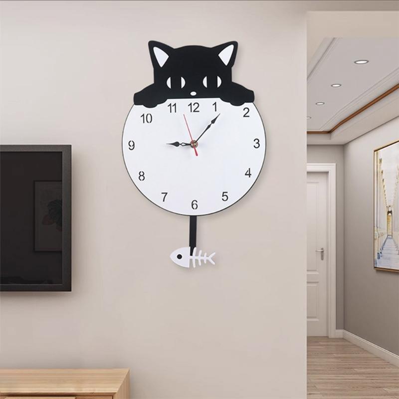 Quiet Movement Acrylic Pendulum Wall Clock with Funny Cats Fish Design Arabic Numerals for Living Room Bedroom Decors