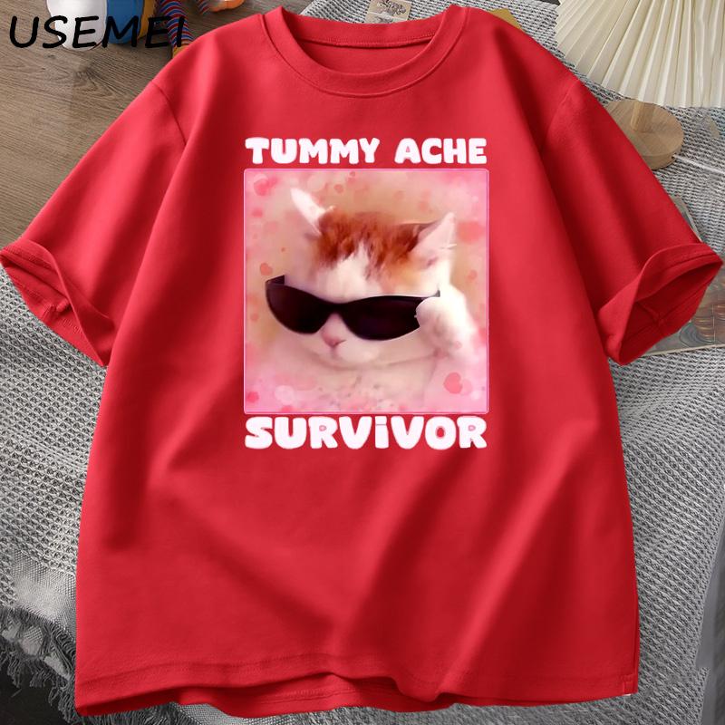 

Tummy Ache Survivor Funny Cat Meme Tshirt Unisex Women Silly Stupid Cat Tee Shirt Unisexs Short Sleeve T Shirts Cotton Oversized Top S