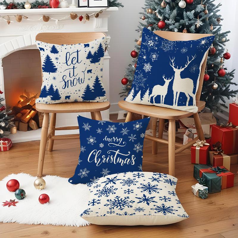 New Blue Deer Christmas Pillowcase Linen Printed Pillowcase Festive Indoor Sofa Decoration Cushion Cover