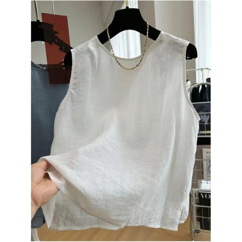 Women s Summer Loose Thin Design Literary Vest Round Neck Sleeveless Top 3XL белый