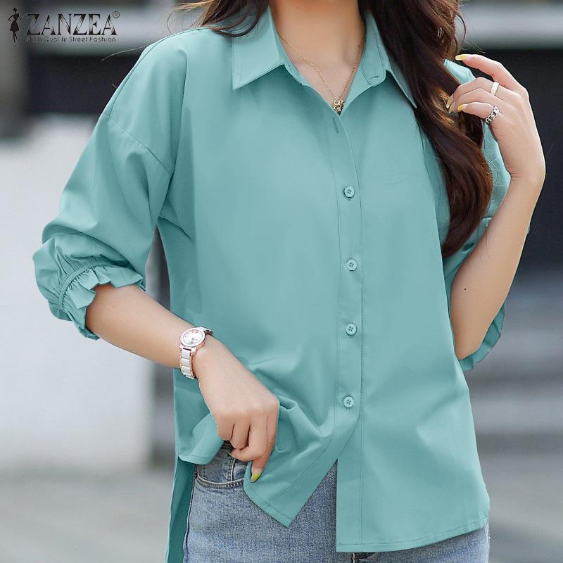 ZANZEA Women Casual Turn Down Collar Loose 3/4 Sleeve Hight Low Blouse