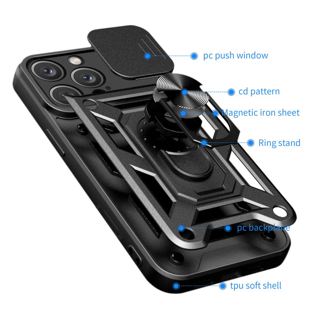 For iPhone 16 Pro Case with Slide Camera Lid PC+TPU Kickstand Phone Cover