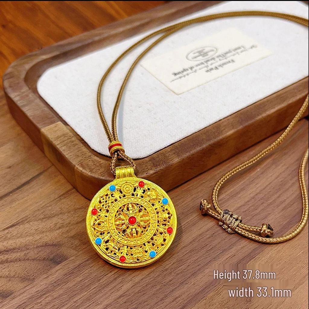 Gold Sand Eight Treasures Compass Pendant Necklace with Gourd Charm for Women