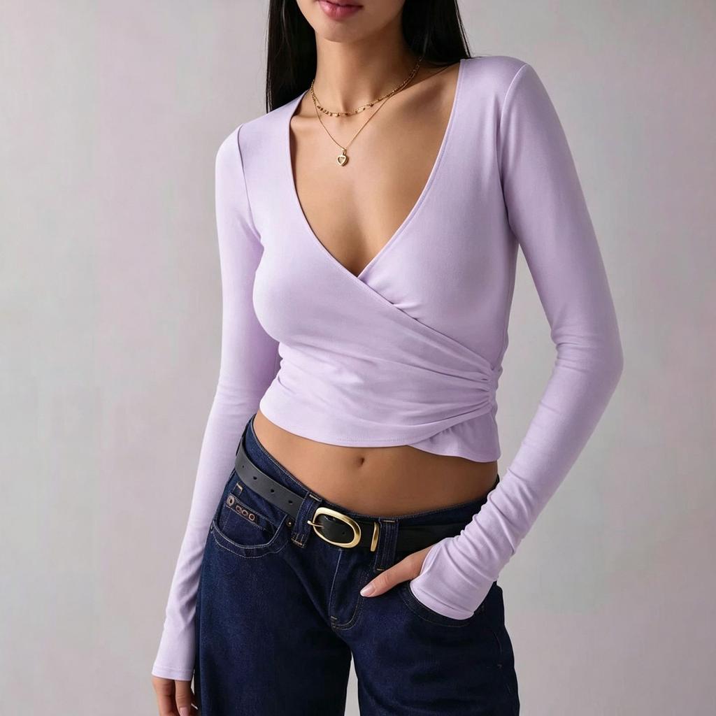 Women's Color Cross Back Long Sleeve Fitted Top for Casual Everyday Wear