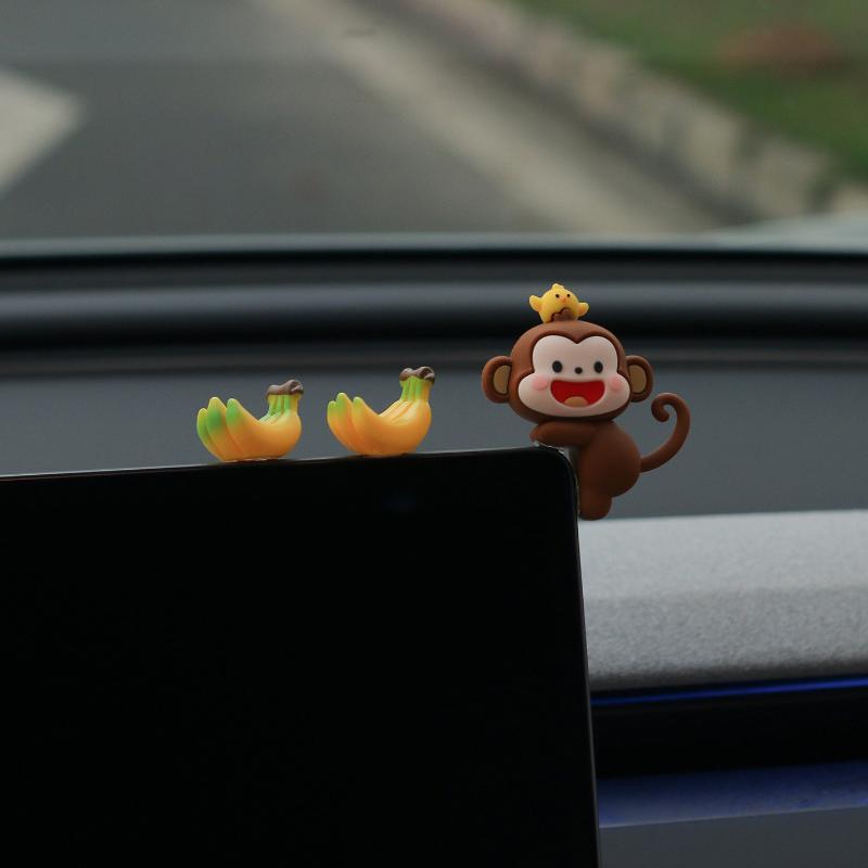 Cartoon Mini Monkey Car Ornament with Banana Waterproof Cute Car Interior Dashboard Decoration for All Vehicles